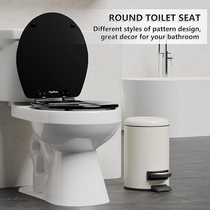 Angol Shiold Quiet-Close Molded Wood Toilet Seat with Non-Slip Adjustable Hinges, Anti-Pinch Bumpers, Easy Install & Clean（Black, Round 16.5''）