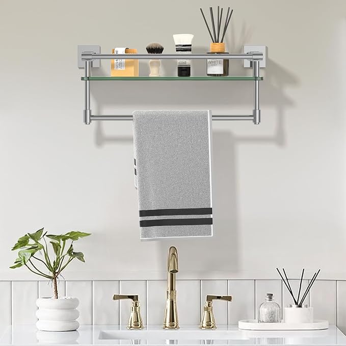 Glass Shelf for Bathroom 16 in Bathroom Shelves with Towel Bar Tempered Glass Shelves with Stainless Steel Towel Holder for Wall (Chrome Polished)