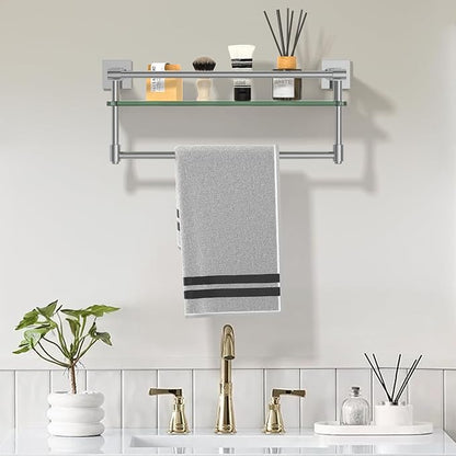 Glass Shelf for Bathroom 16 in Bathroom Shelves with Towel Bar Tempered Glass Shelves with Stainless Steel Towel Holder for Wall (Chrome Polished)