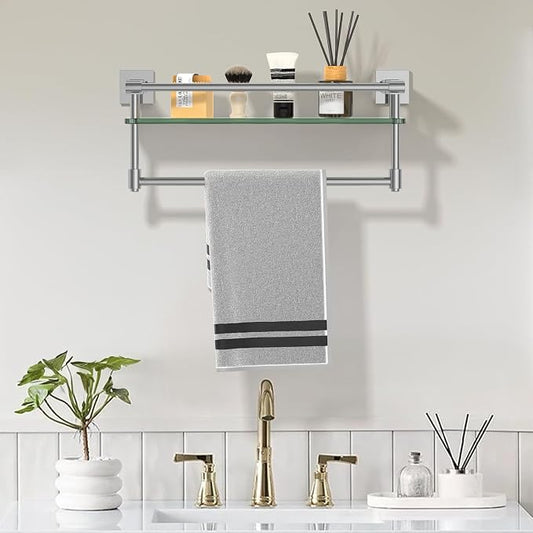 Glass Shelf for Bathroom 16 in Bathroom Shelves with Towel Bar Tempered Glass Shelves with Stainless Steel Towel Holder for Wall (Chrome Polished)