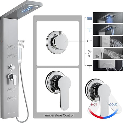 Shower Panel Tower System with LED Lights, Stainless Steel 5 in 1 Shower Panel with Rainfall Waterfall Shower Head, Body Spray, Handheld Shower, Tub Spout (Brushed)