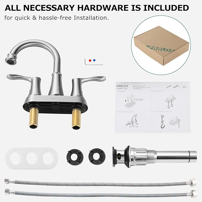 PARLOS Swivel Spout 2-Handle Brushed Nickel Bathroom Sink Faucet with Metal Pop-up Drain and Faucet Supply Lines, Demeter 13627