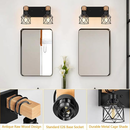 FadimiKoo 2-Light Farmhouse Bathroom Vanity Light Fixtures, Wood Bathroom Lighting Over Mirror, Black Rustic Sconces Wall Lighting with Metal Lampshade for Living Room, Bedroom, Hallway