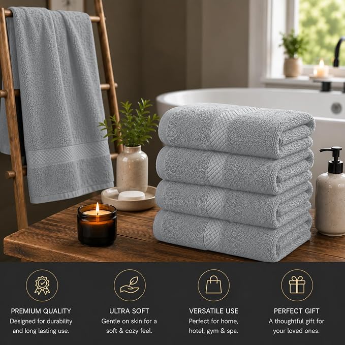 DAN RIVER 600 GSM Cotton Large Bath Towels Set of 4, 27 x 54 Inches, Silver | Larger & Lighter Weight Towels for Bathroom - Highly Absorbent & Quick Dry 100% Cotton Bath Towel Set for Home, Spa & Hotel