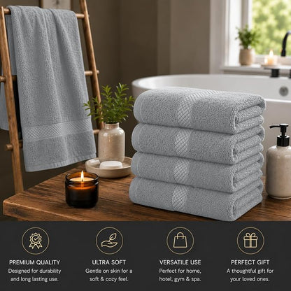 DAN RIVER 600 GSM Cotton Large Bath Towels Set of 4, 27 x 54 Inches, Silver | Larger & Lighter Weight Towels for Bathroom - Highly Absorbent & Quick Dry 100% Cotton Bath Towel Set for Home, Spa & Hotel