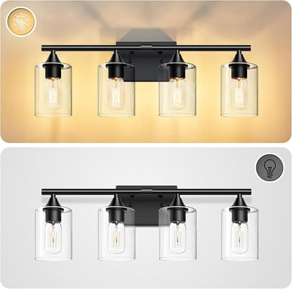 4-Light Bathroom Light Fixtures,Black Bathroom Vanity Light,Bathroom Lights Over Mirror with Clear Glass Shade,Modern Sconce Wall Lighting for Mirror Bedroom Vanity Hallway