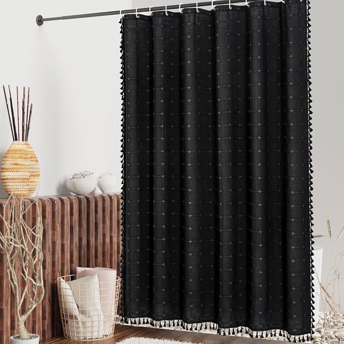 MitoVilla Black Boho Small Stall Shower Curtain Set 36 x 72, Farmhouse Narrow Polyester Linen Fabric Shower Curtains for Bathroom Decor, Half Size Cloth Shower Curtain Set with Hooks
