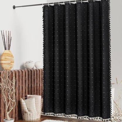 MitoVilla Black Boho Small Stall Shower Curtain Set 36 x 72, Farmhouse Narrow Polyester Linen Fabric Shower Curtains for Bathroom Decor, Half Size Cloth Shower Curtain Set with Hooks