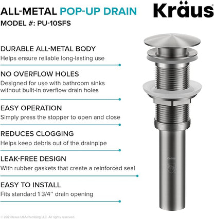 KRAUS Pop-Up Drain for Bathroom Sink Without Overflow in Spot-Free Stainless Steel, PU-10SFS