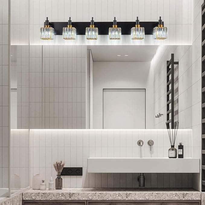 6-Lights Crystal Bathroom Vanity Light Black Gold Modern Bathroom Lighting Fixtures Over Mirror, Wall Light Fixtures