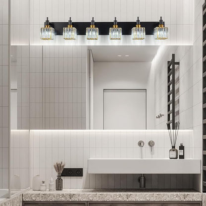 6-Lights Crystal Bathroom Vanity Light Black Gold Modern Bathroom Lighting Fixtures Over Mirror, Wall Light Fixtures