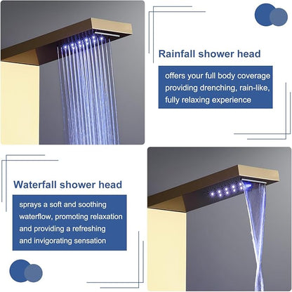 ROVATE LED Rainfall Waterfall Shower Panel Tower with Shelf, Brushed Gold | Powerful Stainless Steel Shower Column with 6 Angle Adjustable Body Massage Jets, Self-Cleaning 5-Setting Handheld