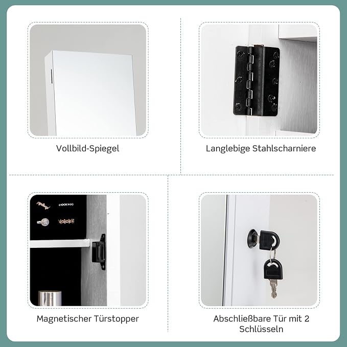 COSTWAY Jewellery Cabinet with Mirror, Jewellery Mirror Cabinet with Drawer, on Wheels, Lockable, Freestanding, 42 x 38 x 157 cm (White)