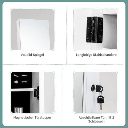 COSTWAY Jewellery Cabinet with Mirror, Jewellery Mirror Cabinet with Drawer, on Wheels, Lockable, Freestanding, 42 x 38 x 157 cm (White)