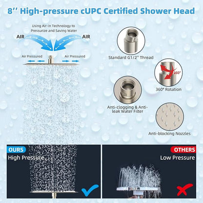 Hibbent All Metal CUPC Certified 8'' Rainfall Shower Head, Dual Shower Head Combo, High Pressure Handheld 4 Sprays Shower Wand, 16'' Adjustable Extension Arm, 71'' Hose, Shower Holder, Brushed Nickel