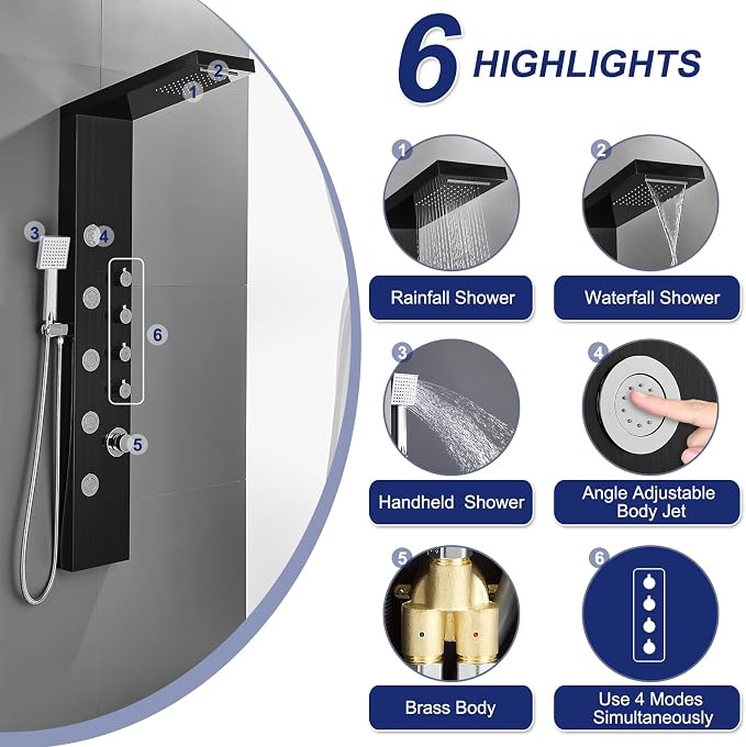 ROVATE 4-in-1 Rainfall Waterfall Shower Panel Tower System, Black | Shower Column with Body Massage Jets and Handheld, Stainless Steel High Pressure, Use Multiple Functions Simultaneously