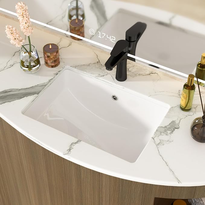 White Undermount Bathroom Sink 20.4"x14.4"Ceramic Basin | Modern Porcelain Under Counter Bathroom Vanity Sink, Interior Bowl 18.3" x 12.4", Rectangular Undermount Basin with Overflow