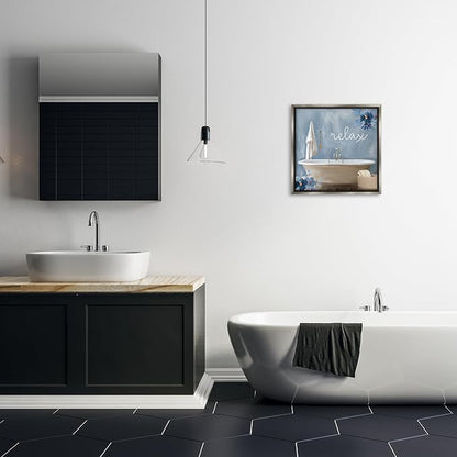 Blue Floral Bathroom Relax Scene, 17 x 17 Inch Canvas in Floater Frame | Stupell Industries · By Kim Allen · Ready to hang · Perfect for bath or laundry decor · Made in USA