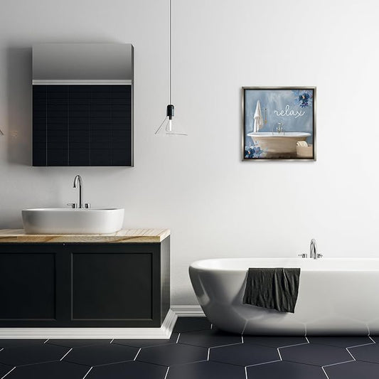 Blue Floral Bathroom Relax Scene, 17 x 17 Inch Canvas in Floater Frame | Stupell Industries · By Kim Allen · Ready to hang · Perfect for bath or laundry decor · Made in USA