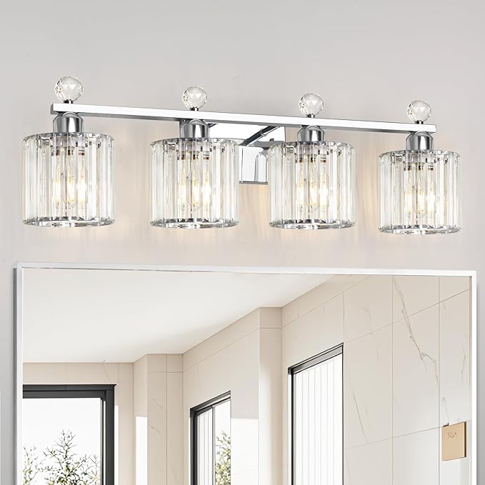 Modern Crystal Bathroom Vanity Light 4-Lights, Chrome Vanity Lights for Bath, Crystal Bathroom Wall Fixture Over Mirror, Wall Sconces Lighting with Clear Glass Shade for Bedroom, Living Room