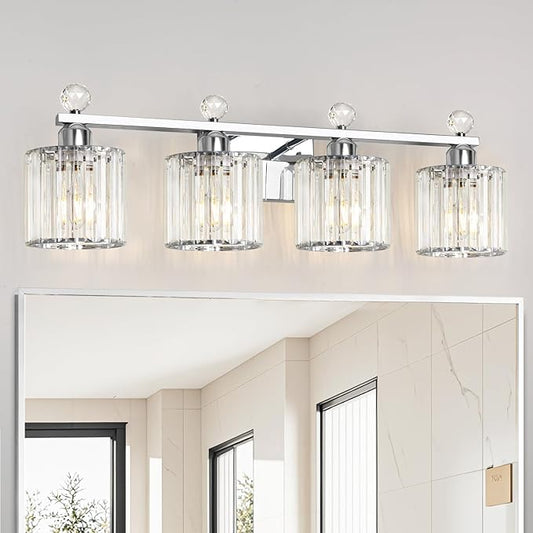 Modern Crystal Bathroom Vanity Light 4-Lights, Chrome Vanity Lights for Bath, Crystal Bathroom Wall Fixture Over Mirror, Wall Sconces Lighting with Clear Glass Shade for Bedroom, Living Room
