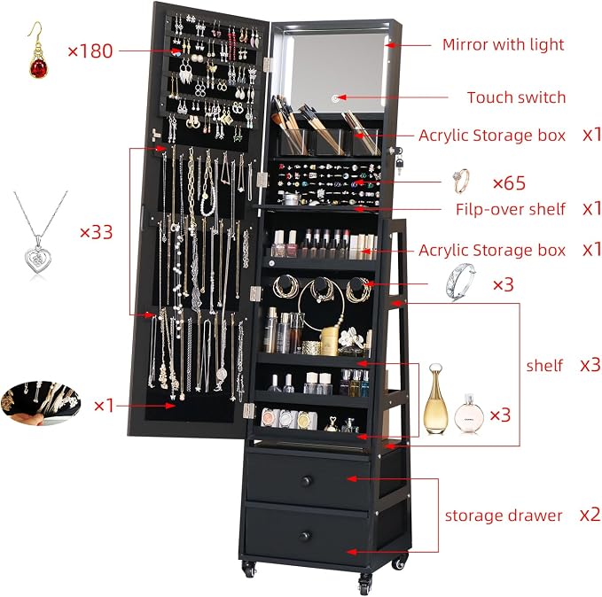 Standing Jewelry Armoire Cabinet Lockable Full Length Mirror with Drawer | Jewelry Organizer Armoire with Wheels,Floor Mirror with Back Storage Shelves for Bedroom Christmas Gift for Friend Black