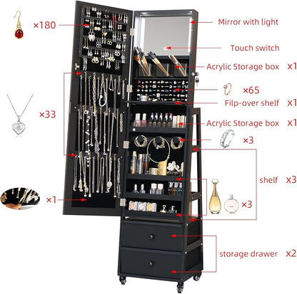 Standing Jewelry Armoire Cabinet Lockable Full Length Mirror with Drawer | Jewelry Organizer Armoire with Wheels,Floor Mirror with Back Storage Shelves for Bedroom Christmas Gift for Friend Black