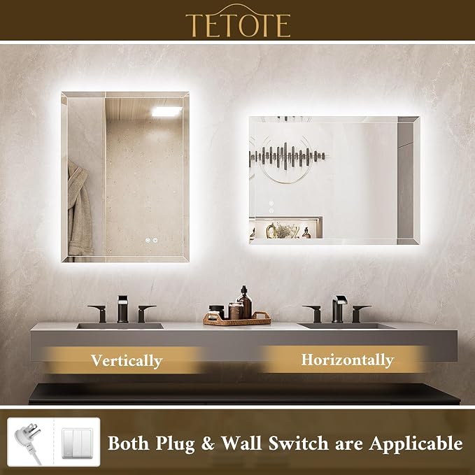 42 x 36 LED Mirror Backlit, Beveled Bathroom Mirror with Backlight, Tempered Glass, 3 Colors Lights, Defogger, Adjustable Brightness, Memory Function, Lighted Mirrors for Bathroom Wall