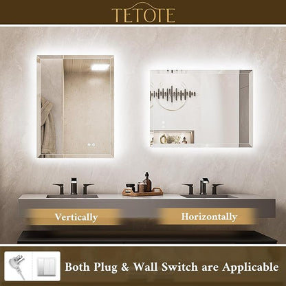 40 x 32 Backlit Mirror Bathroom, LED Vanity Mirror with Beveled Edge, Safe Tempered Glass, 3 Color Temperature, Anti-Fog, Dimmable, Smart Bathroom Mirror, Wall-Mounted Vanity Mirrors