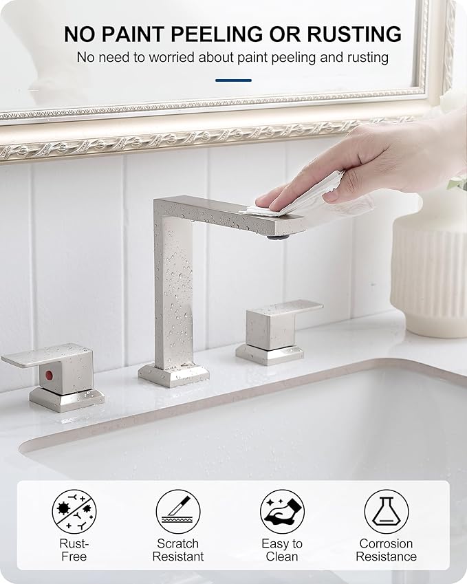8 Inch Brushed Nickel Bathroom Faucet, 2 Handle Brass Widespread Modern Bathroom Faucets 3 Hole with Pop Up Drain, cUPC Supply Lines and Removable Aerator for Lavatory, Restroom, Save Water