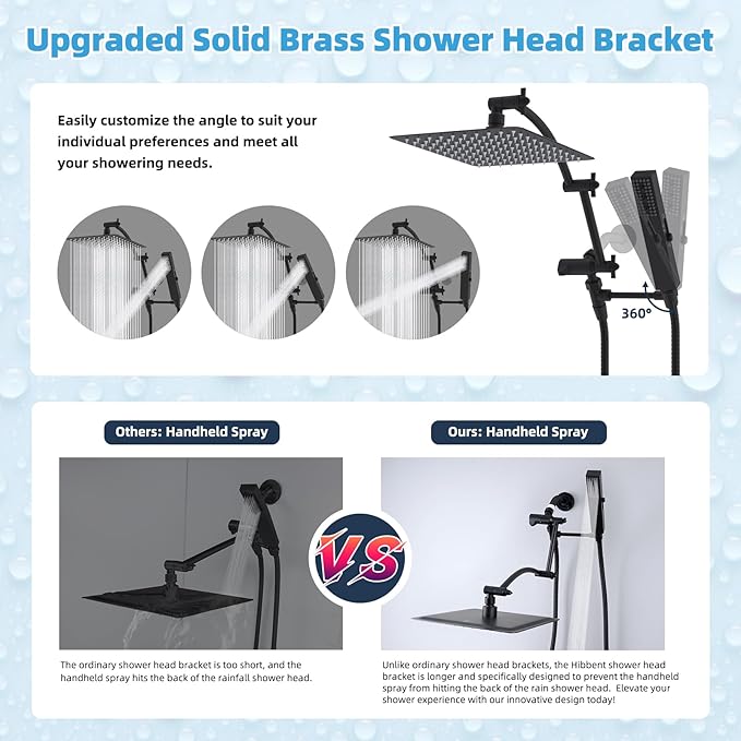 Hibbent All Metal CUPC Certified 10'' Rainfall Shower Head, Dual Shower Head Combo, High Pressure Handheld 4 Sprays Shower Wand, 16'' Adjustable Extension Arm, 71'' Hose, Shower Holder, Matte Black