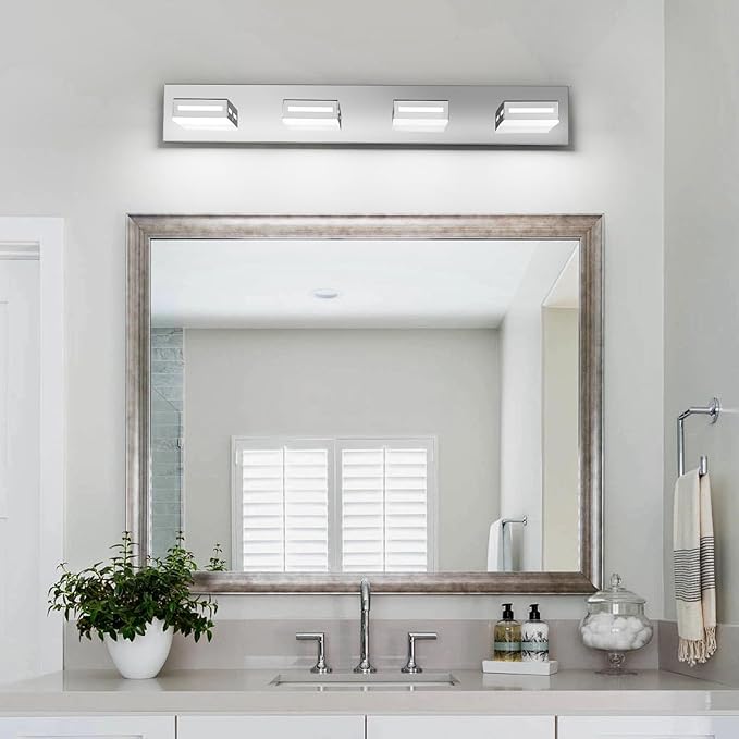 LED Modern Bathroom Light Fixtures, 4-Light 30-Inch Chrome Vanity Lights for Bathroom Lighting Fixtures Over Mirror, 350° Rotatable Acrylic, 6000K Cool White Wall Lamp