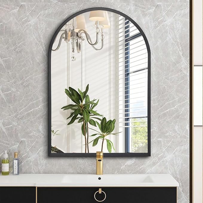 Black Arched Bathroom Wall Mirror Brushed Metal Vanity Wall Mounted Mirror for LivingRoom Bedroom Entryway Room vanity Home Decor 28"x20"