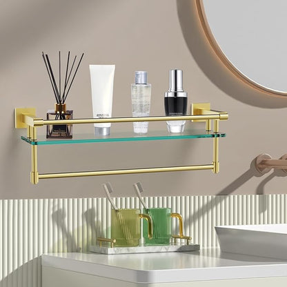 Bathroom Glass Shelf with Towel Rack Organizer Wall-Mounted Bathroom Storage SUS304 Stainless Steel Track Wall-Mounted Tempered Glass Stainless Steel Shelf (Brushed Gold, 20-inch)