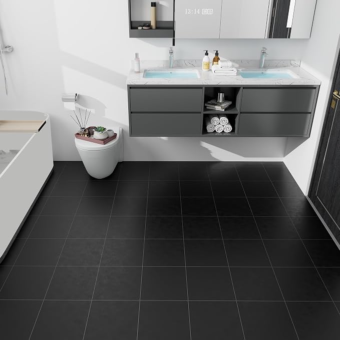 Lareko 60Sq.Ft Black Marble Peel and Stick Vinyl Floor Tiles,60 Tiles - 12" x 12",Waterfproof and Self Adhesive Vinyl Sticker Tiles,Laminate Flooring for for Kichen,Bathroom,Dining Room(Black)