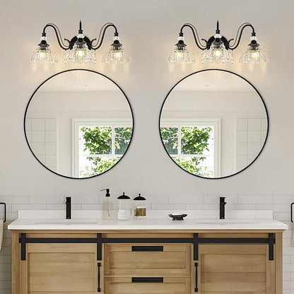 Black Bathroom Vanity Light, 3-Light Matte Black Finish Farmhouse Wall Sconce with Hanging Crystal Accents and Flower-Shaped Clear Glass Shades, Retro Wall Mount Vanity Light Over Mirror for Bathroom