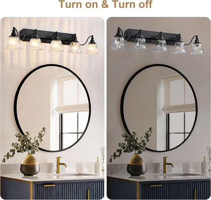 Black Vintage Bathroom Vanity Light Fixture, 5-Light Vanity Light for Bathroom, Antique Matte Black Finish with Crystal Glass Shade, Lighting Fixtures Over Mirror for Bedroom Living Room