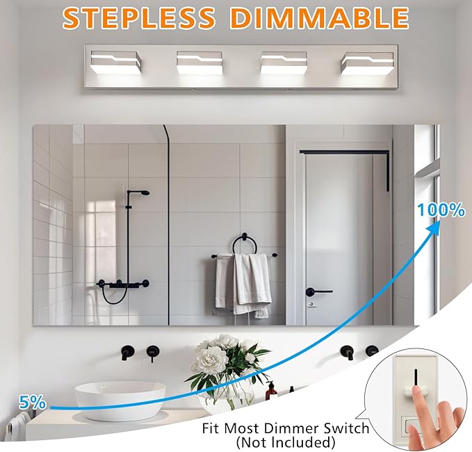 LED Modern Bathroom Vanity Light Fixtures 4-Light, 25.5 inch Dimmable Nickel Vanity Lights for Bathroom Lighting Fixtures Over Mirror, with 350°Rotatable Acrylic Heads(White Light 5500K)