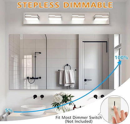 LED Modern Bathroom Vanity Light Fixtures 4-Light, 25.5 inch Dimmable Nickel Vanity Lights for Bathroom Lighting Fixtures Over Mirror, with 350°Rotatable Acrylic Heads(White Light 5500K)