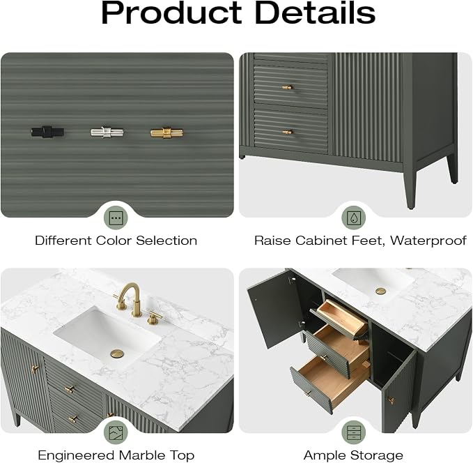 Vanity Art 48 inch Bathroom Vanity with Single Sink & Ceramic Top, Vanity Cabinet with Soft-Closing Door, Solid Wood Frame, Linear Pattern, Vintage Green, Golden Brushed Handware VA9148-VG-GB