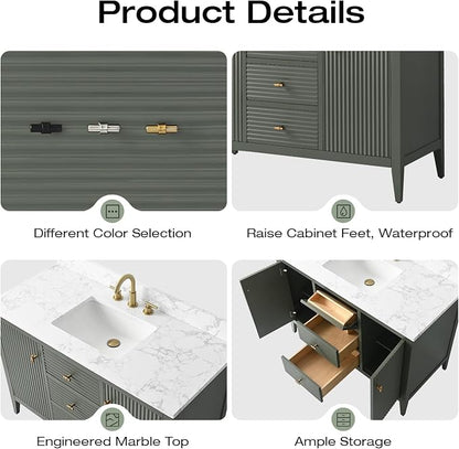 Vanity Art 48 inch Bathroom Vanity with Single Sink & Ceramic Top, Vanity Cabinet with Soft-Closing Door, Solid Wood Frame, Linear Pattern, Vintage Green, Golden Brushed Handware VA9148-VG-GB