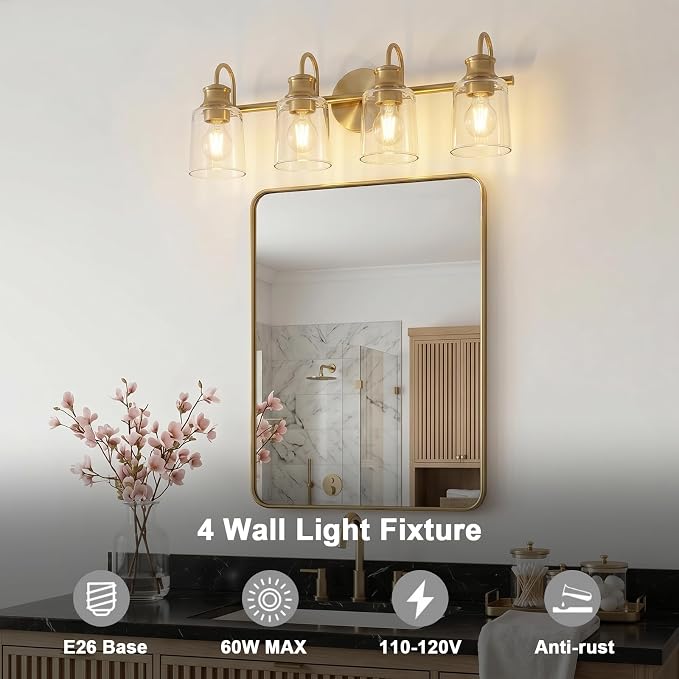 4 Lights Bathroom Light Fixtures Modern Gold Vanity Lights | ETL Certificate, Easy to Install,Wall Mount Up or Down,Thickened Glass Lampshade,E26 Socket,Hardwired