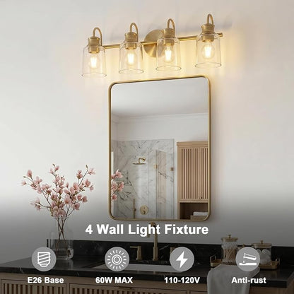 4 Lights Bathroom Light Fixtures Modern Gold Vanity Lights | ETL Certificate, Easy to Install,Wall Mount Up or Down,Thickened Glass Lampshade,E26 Socket,Hardwired
