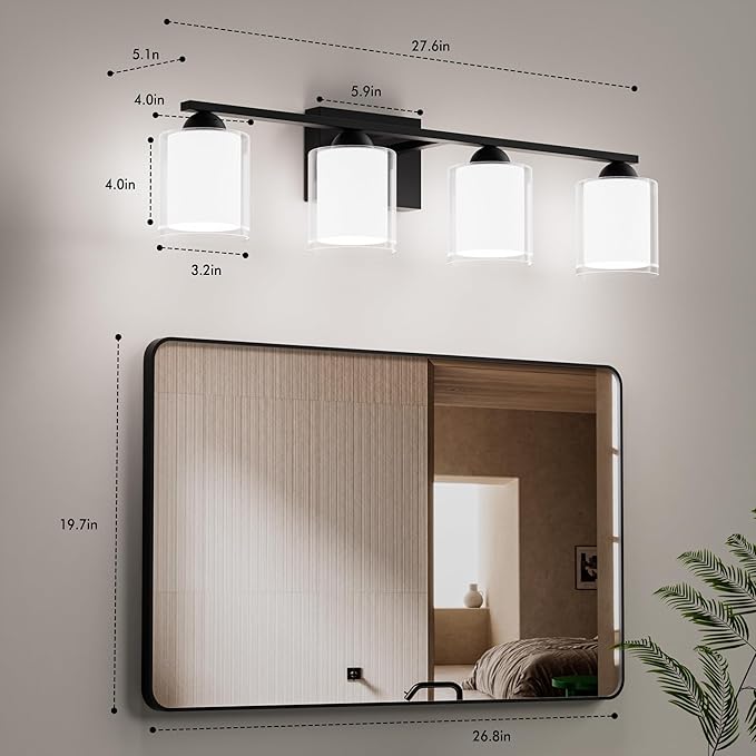 Quntis Black Bathroom Lighting Fixtures Over Mirror with 5 Color Modes, 4 Light Dimmable LED Bathroom Vanity Light, with Eye Care Milk White Frosted Glass, 28W Energy Saving, 27 Inch (Bulbs Included)