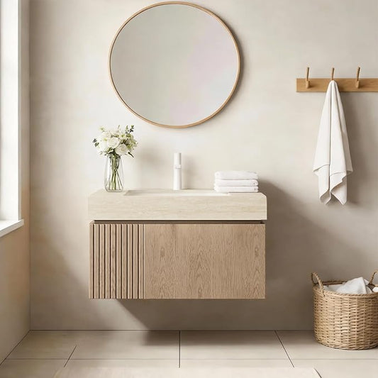 Ambrovina 30" Floating Bathroom Vanity with Sink, Modern Wall Mounted Storage Vanities with Drawer and Door, Roma Travertine Countertop and Ceramic Basin, Pre-Assembled Cabinet, Light Brown