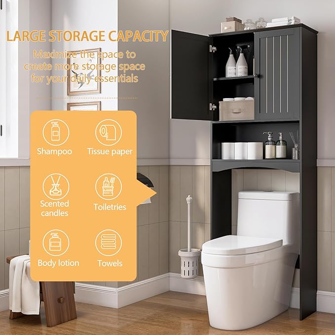Over The Toilet Storage Cabinet for Small Bathrooms, Freestanding Space Saver with Double Doors & 2 Fixed Shelves, Stable Wood Organizer with Anti-Tip Kit, Fits 33-Inch Clearance Black