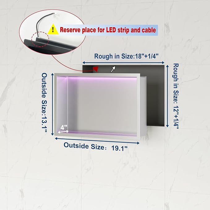 18X12 RGB Shower Niche, Brushed Nickel Stainless Steel LED Wall Niche, No Tile Needed Wall Cabinet for Bathroom Storage Built-in Installation