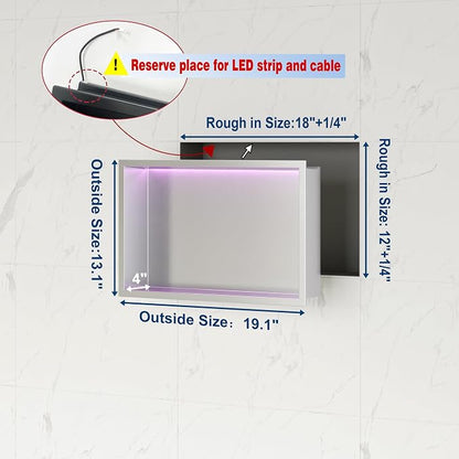 18X12 RGB Shower Niche, Brushed Nickel Stainless Steel LED Wall Niche, No Tile Needed Wall Cabinet for Bathroom Storage Built-in Installation