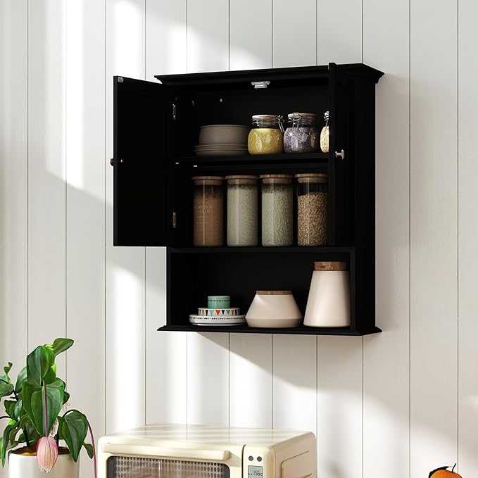 Giantex Bathroom Cabinet Wall Mount, Medicine Cabinet with Adjustable Shelf, Open Shelf, Over The Toilet Space Saver Storage Organizer for Laundry Room, Kitchen, Cupboard (Black)