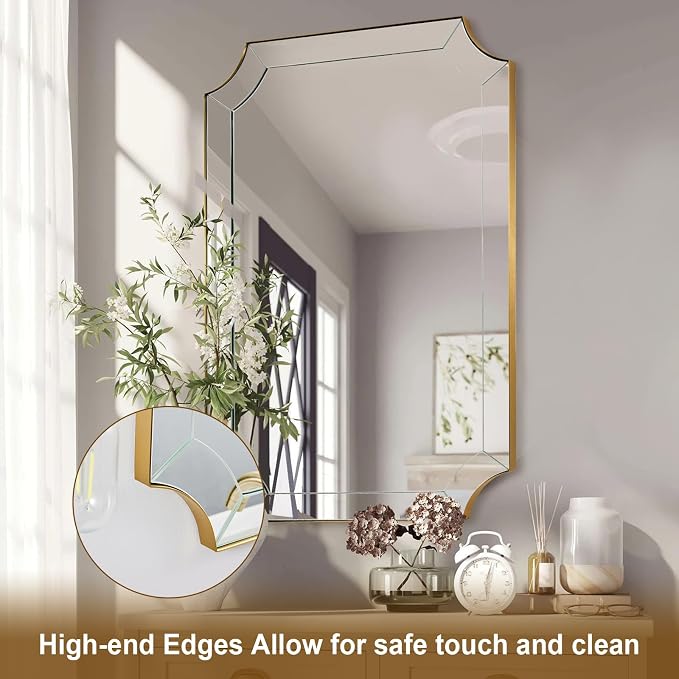 30x40 Scalloped Bathroom Mirror, Gold Rectangle Wall Mirror with Scallop Corner, Non-Rusting Vanity Mirror with Curved Cutouts, Well Made Antique Mirror Hangs Horizontal & Vertical